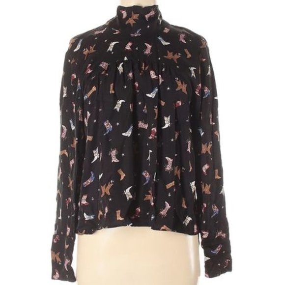 ZARA TRAFALUC Western Cowboy Boot Print Mock Tie Neck Oversized Blouse NWT sz XS - Picture 6 of 15